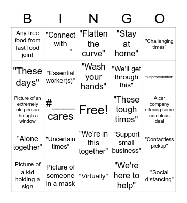 Covid Ad buzzwords Bingo Card