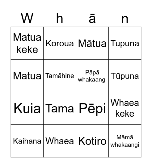 Whānau Bingo Card