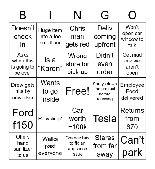 Curbside Bingo Card