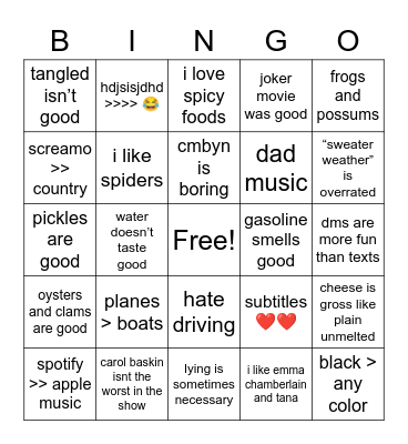 shley’s “unpopular” opinions Bingo Card