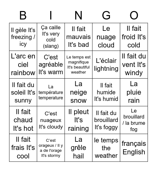 Le temps -Bingo Card