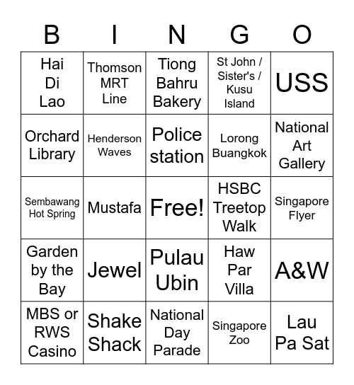 Have you been to..? (SG version) Bingo Card