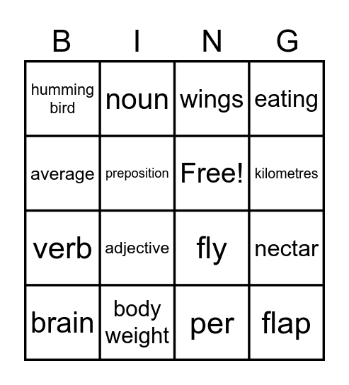 Lesson 8D: Hummingbirds Bingo Card