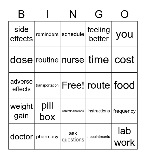 Medication Compliance Bingo Card