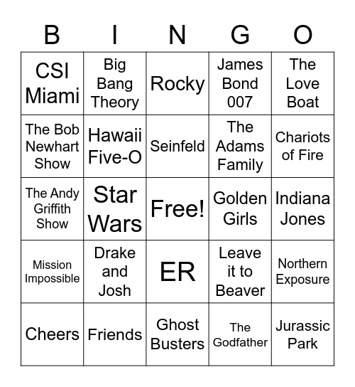 TV and Movie Theme Songs Bingo Card