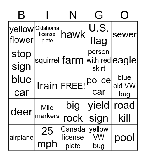 Car Trip Bingo Card
