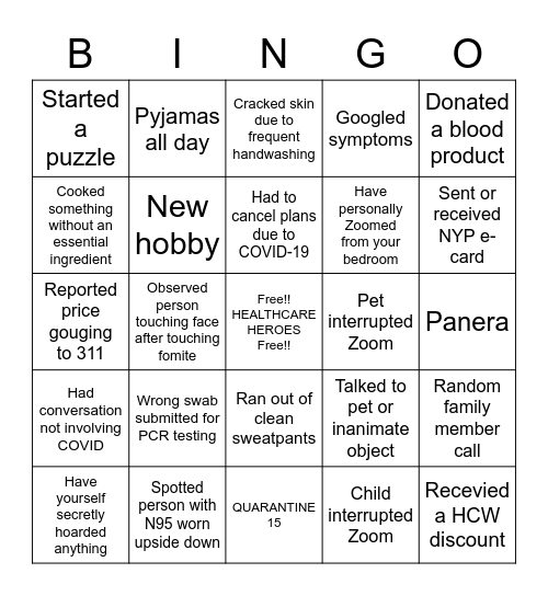 COVID-19 BINGO Card