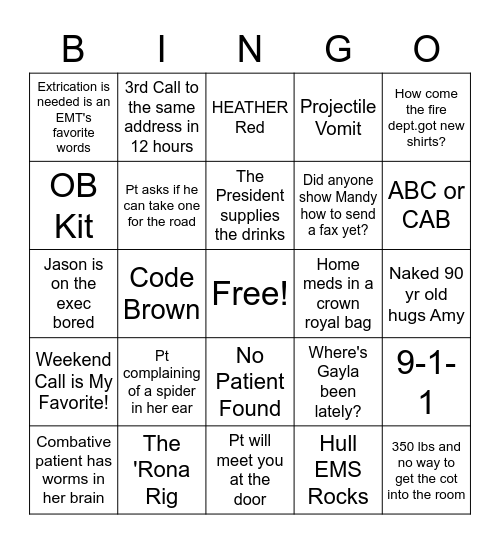 Hull EMS Bingo Card