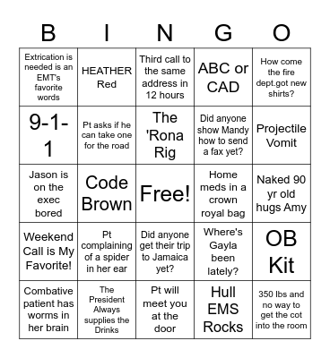 Hull EMS Bingo Card