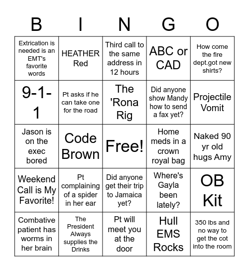 Hull EMS Bingo Card