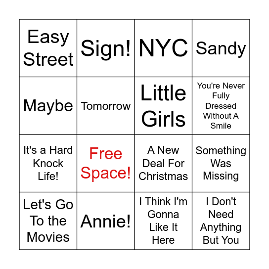 Annie Music Bingo Card