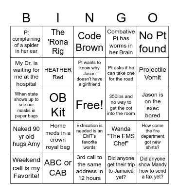 Hull EMS Bingo Card