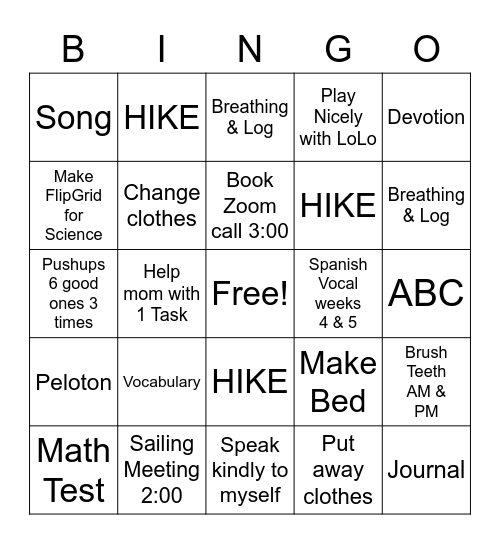 Thursday Bingo Card