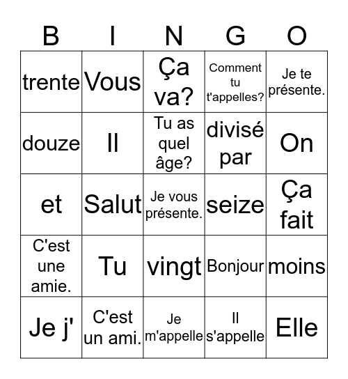 Fr 1 - ch 1   Grammaire  1  Bingo Card