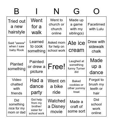 Baldwin Kids COVID BINGO Card