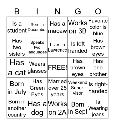Human Scavenger Hunt Bingo Card