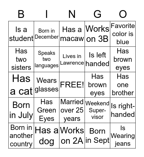 Human Scavenger Hunt Bingo Card