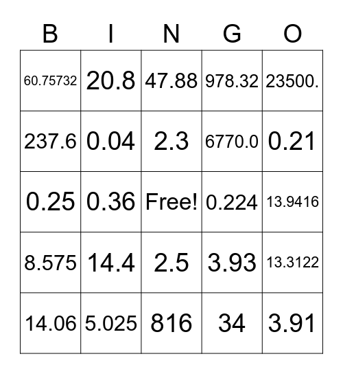 Bingo-Math Bingo Card