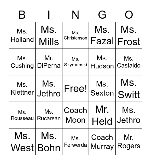 Teacher and Assistant Bingo Card