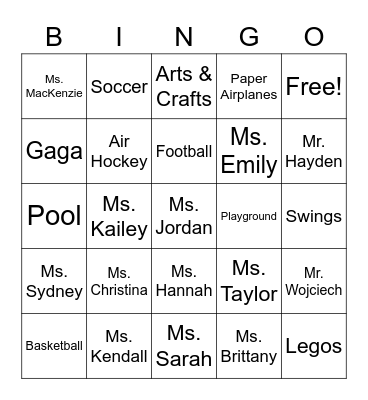 Extended Day  Bingo Card