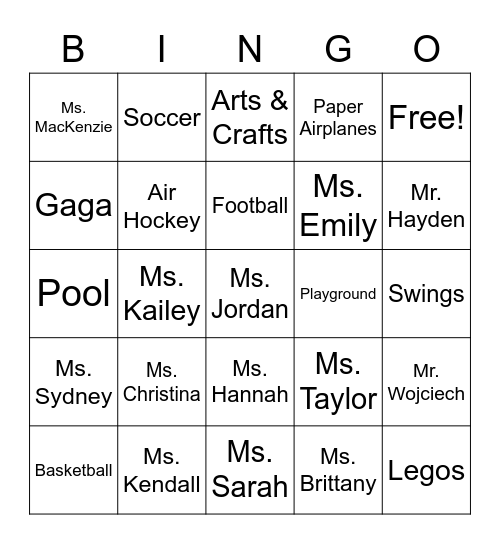 Extended Day  Bingo Card