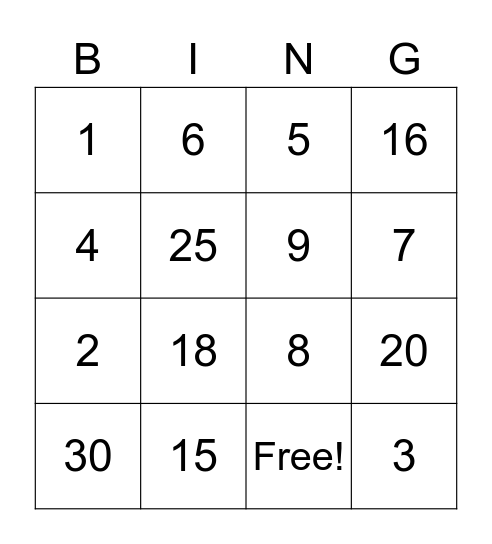 Multiplication Bingo Card