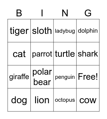 Animal Bingo Card