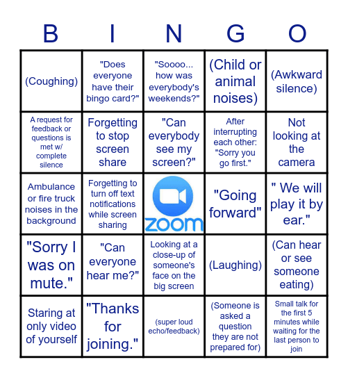 Zoom Virtual Meeting Bingo Card