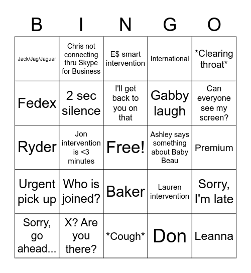Team Meeting Bingo Card