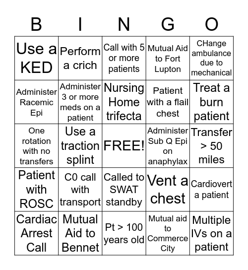 EMS Bingo Card