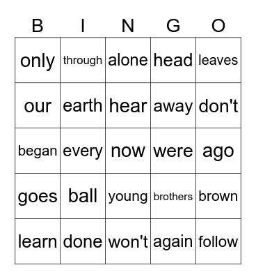 SIGHT WORD BINGO Card