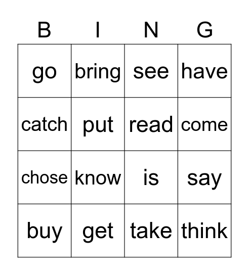 Verbs Bingo Card