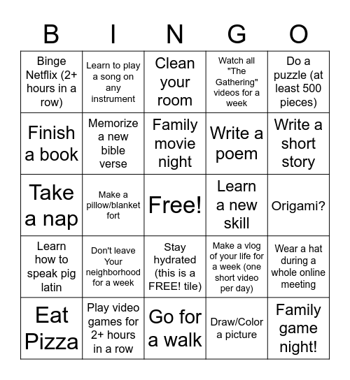 Quarantine Bingo Card