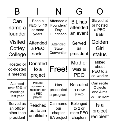 P.E.O. Bingo Card