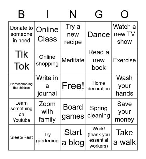 Things to Do While Quarantined Bingo Card