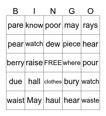 Homophone Bingo Card