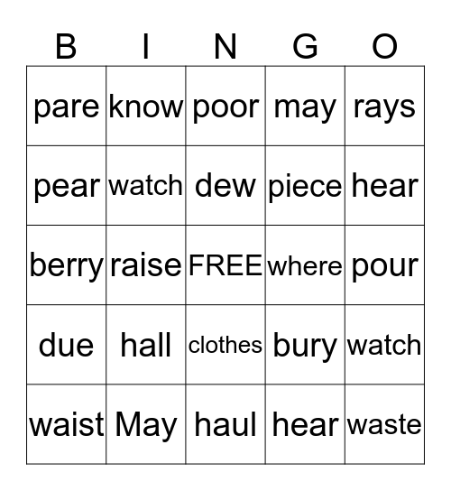 Homophone Bingo Card