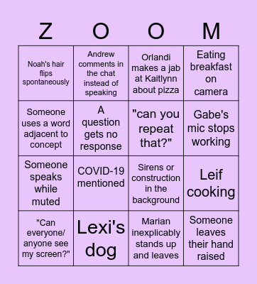 Nico's Senior Seminar ZOOM Bingo Card