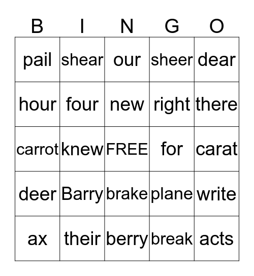 Homophone Bingo Card