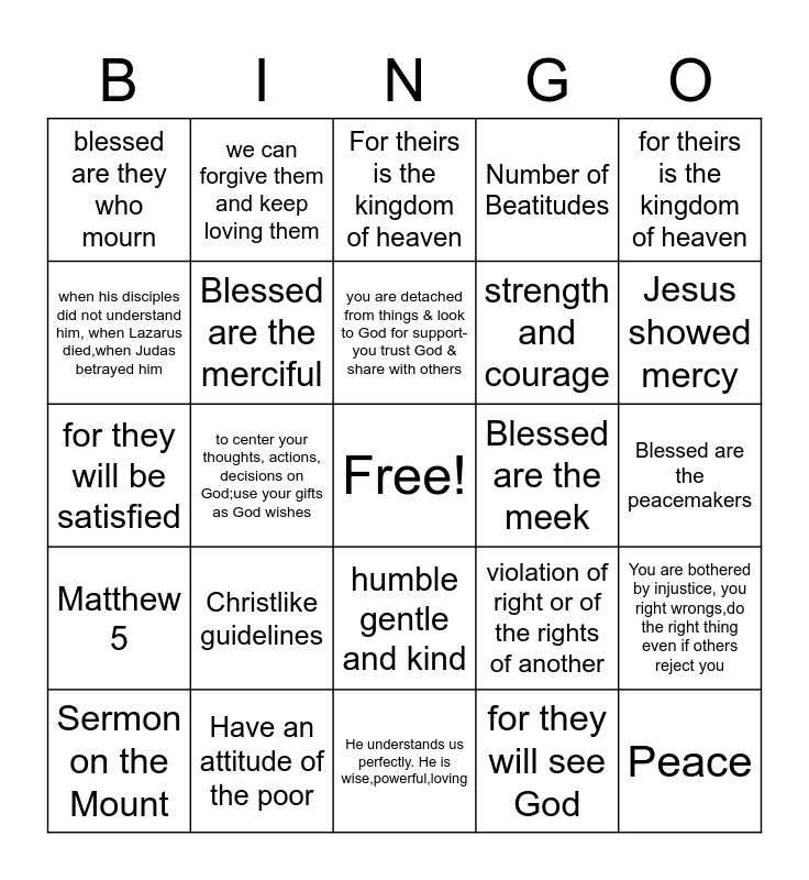 Beatitudes Bingo Card