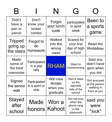 RHAM High School Bingo Card