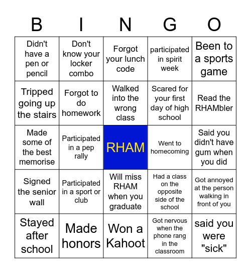 RHAM High School Bingo Card