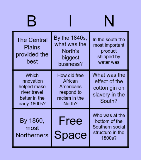 North vs. South Bingo Card