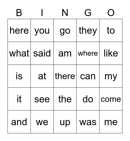 Site word bingo Card