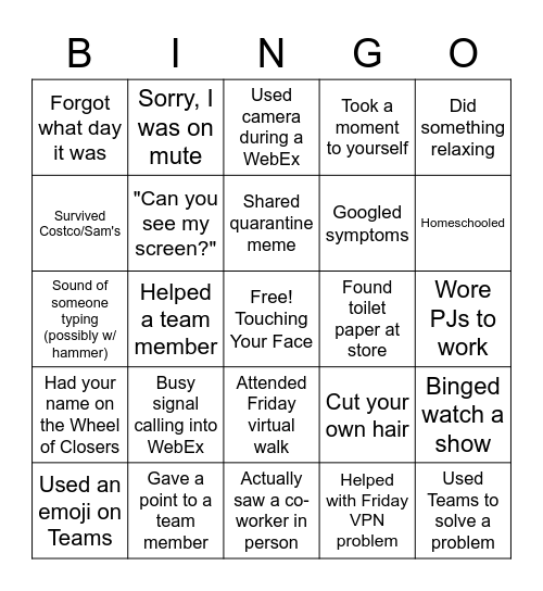 Working @ Home During COVID-19 Bingo Card