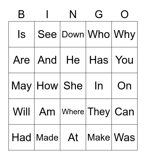 ESL Sight Words Bingo Card