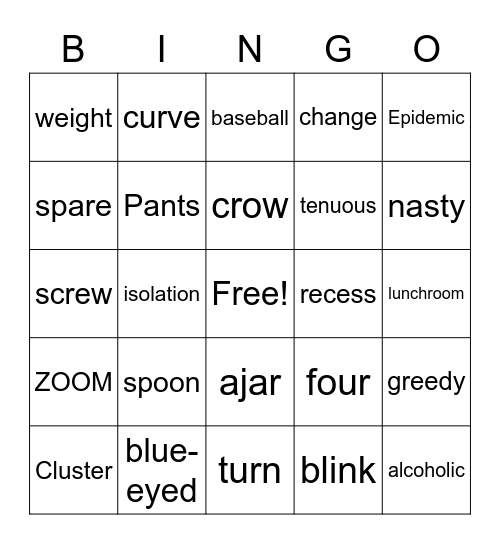 ZOOM Happy Hour Bingo Card