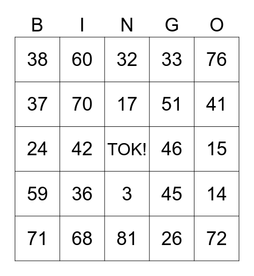 TOK 90 Number Bingo Card