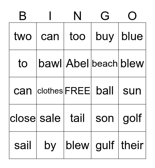 Homophones Bingo Card