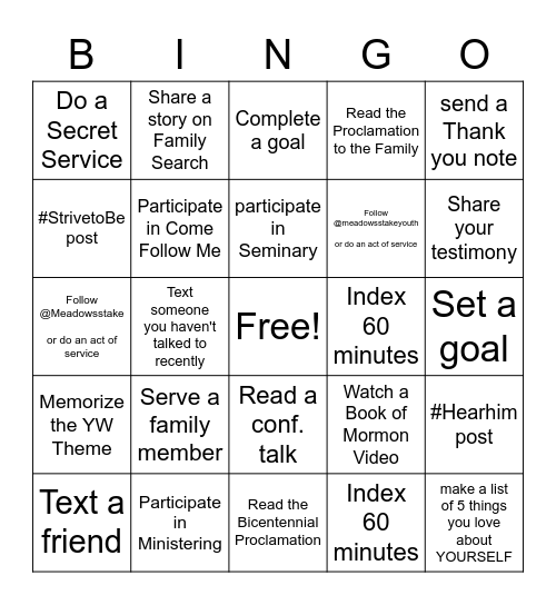 Meadows Stake YW Bingo Challenge Bingo Card